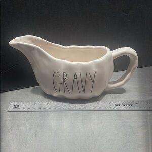 Charming White Ceramic Gravy Boat with Rustic Hand-Drawn Lettering